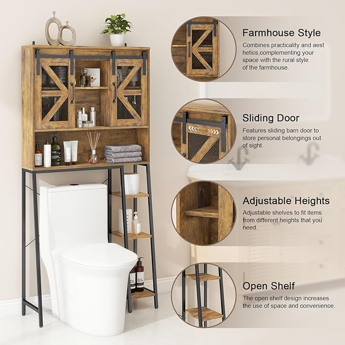 Vabches Over The Toilet Storage Cabinet, Farmhouse Storage Cabinet Over Toilet with Sliding Barn Door，Home Space-Saving Toilet Rack, for Bathroom, Restroom, Laundry，Brown