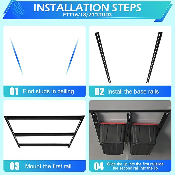 Overhead Garage Storage Racks, Adjustable Ceiling Tote Storage Rails, Heavy Duty Garage Organizer Hanging Storage Rack for Most Storage Bins/Totes, 48" x 48"