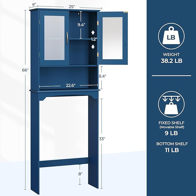 Yaheetech Over The Toilet Storage Cabinet, Free Standing Toilet Rack with Adjustable Shelves and Tempered Glass Doors for Bathroom Washroom, Navy Blue