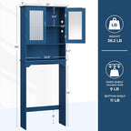 Yaheetech Over The Toilet Storage Cabinet, Free Standing Toilet Rack with Adjustable Shelves and Tempered Glass Doors for Bathroom Washroom, Navy Blue