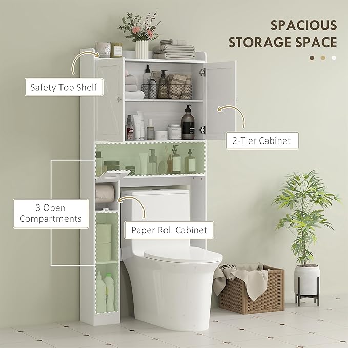 HOMCOM Over the Toilet Storage Cabinet, Farmhouse Above Toilet Bathroom Organizer with Barn Doors, Adjustable Shelf, Toilet Paper Holder, Freestanding Space Saver for Laundry, Distressed White