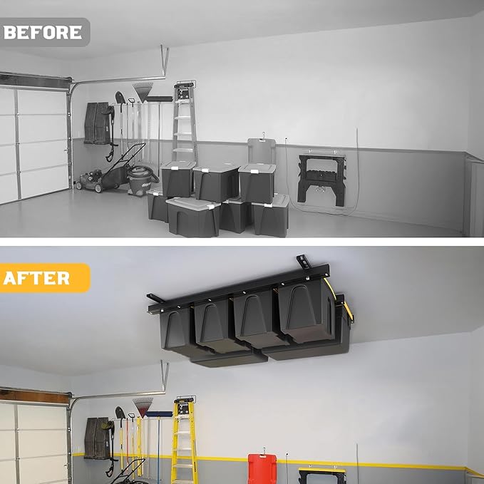WALMANN Overhead Tote Storage Rail System, Garage Ceiling Bin Storage Rack Heavy Duty Adjustable Tote Slide Rails(Black, Bins are not Included)
