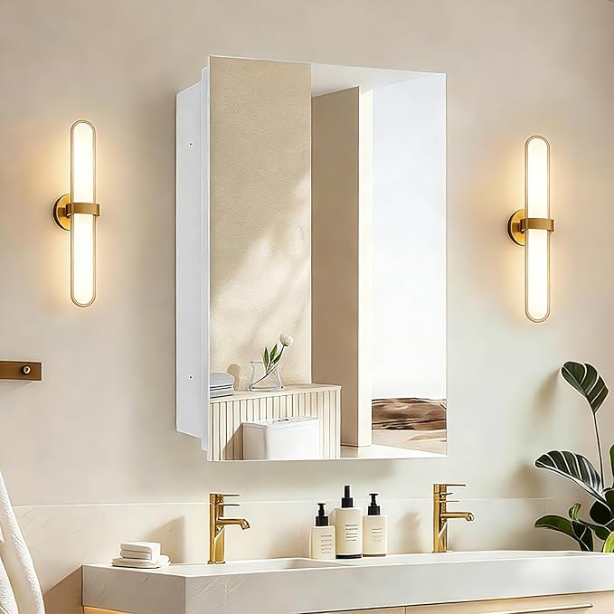 16 x 26 inch Bathroom Medicine Cabinet, Mirror Cabinet with Single Door & Removable Shelves, Surface Mount or Recess Installation, Medicine Cabinets for Bathroom