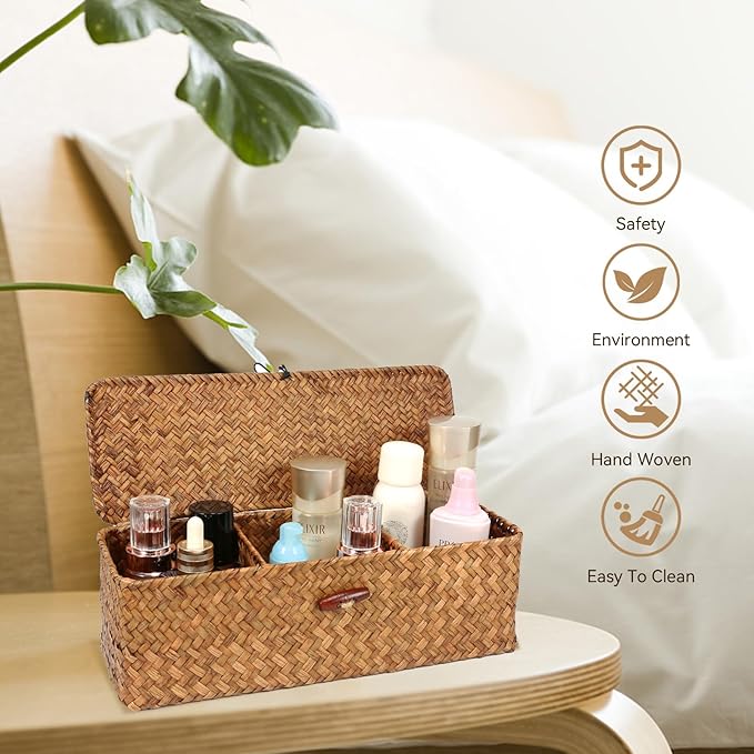 Seagrass Tank Basket with Lid with Rectangular Small Shelf Baskets Bin, Toilet Paper Basket with 3 Sections for Organize,Home Organizer Bin for Shelves Bathroom Closets Kitchen