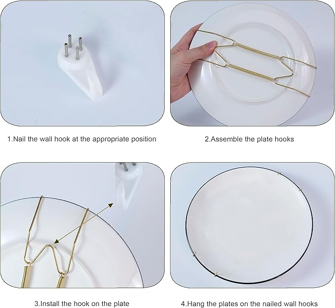 12 Pieces Invisible Vertical Plate Holders - 6 Pieces Plate Hangers for The Wall with 10 Pieces Wall Hooks for Displaying Plates, Platter, Dish (Gold, 6/8/10 Inch) ﻿