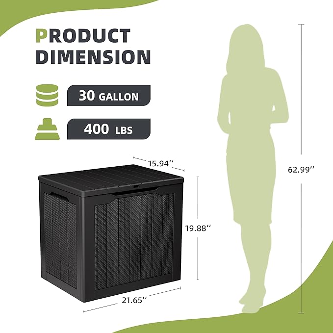 UDPATIO 30 Gallon Deck Box, Outdoor Storage Box Lockable Waterproof Resin, Indoor Outdoor Storage Container for Patio Cushions, Garden Tools, Pool Accessories, Package Delivery Boxes for outside