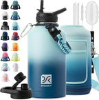 Insulated Water Bottle | Thickened Stainless Steel Vacuum Metal | Portable Sports Half Gallon Large Water Jug for Gym and Hiking with Straw, Carrier Bag, Handle Strap | BPA-Free 64 oz