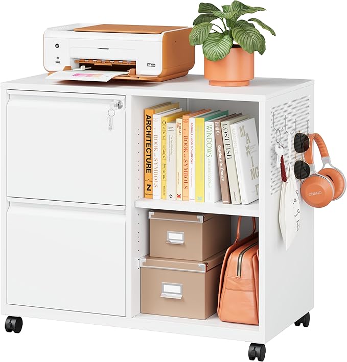 Metal 2 Drawer File Cabinet with Side Hook, Lockable Lateral Filing Cabinet for Letter/A4/Legal Size Files,Rolling Printer Stand with Adjustable Shelf & Lockable Wheelss for Home Office(White)