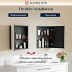 Keonjinn Black Medicine Cabinet 14 x 18 Inch, Assembly Needed, Small Bathroom Mirrored Medicine Cabinet, Lightweight, One Shelf Only, Freely Adjustable Shelves, Recessed or Wall Mount, Tempered Glass