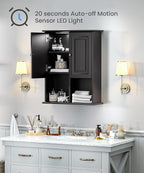 HAIOOU Bathroom Wall Cabinet with Motion Sensor LED Light, Wooden Medicine Cabinet Wall Mounted Cupboard, Over Toilet Storage Cabinet with Buffering Hinges and Adjustable Shelf - Black