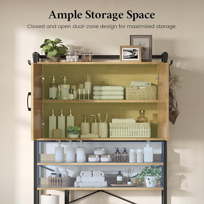 Over the Toilet Storage Cabinet with Doors, 2 Large Drawers & 6 Hooks, Over the Toilet Organizer with Toilet Paper Holder, Over the Toilet Storage for Bathroom, Laundry Room, Natural