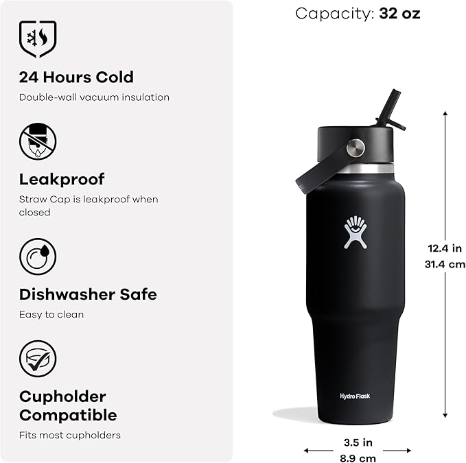Hydro Flask Travel Water Bottle - Insulated Stainless Steel - Wide Straw Lid, Non Spill, Leakproof in 32 Oz Ivory