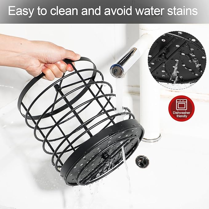 KOLUTI 360° Rotating Kitchen Utensil Holder Organizer, 7.2" x 7" Extra Large Cooking Tool Storage Round Caddy, Weighted Base with Drain Hole, Wire Metal Flatware Crock for Countertop, Paint Black