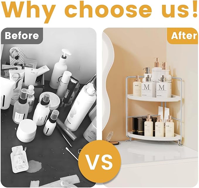 2-Tier Corner Bathroom Countertop Organizer, Tiny Counter Corner Shelf Skincare Makeup Perfume Organizer and Organization for Kitchen (White)