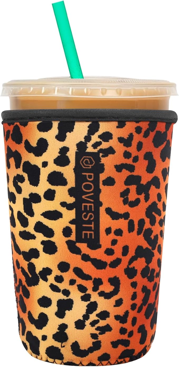 Reusable Neoprene Insulator Sleeve for Iced Coffee & Cold Soda, Coffee Sleeves for Iced & Hot Drinks, Cold Beverage Cooler Compatible with Starbucks, Dunkin (Leopard Walk, Medium: 22-24oz)