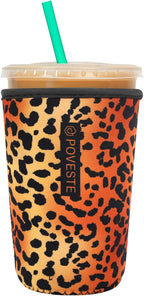 Reusable Neoprene Insulator Sleeve for Iced Coffee & Cold Soda, Coffee Sleeves for Iced & Hot Drinks, Cold Beverage Cooler Compatible with Starbucks, Dunkin (Leopard Walk, Medium: 22-24oz)