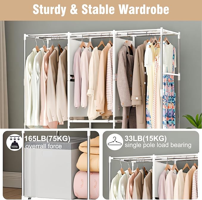 Portable Closet for Hanging Clothes 67 Inch Wide Large Capacity Portable Wardrobe Closet with Cover, Storage Shelves and 3 Hanging Rod, Gray Wardrobe Closet Easy to Assemble and Strong