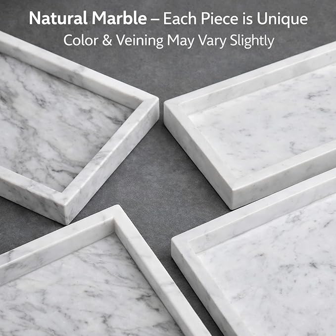 Natural White Marble Tray for Bathroom | Kitchen | Vanity | Desktop, Stone Organizer for Coffee Table, Dresser, Nightstand, Candles, Soap, Towel, Plant, Jewelry (10" x 6"), Rectangular