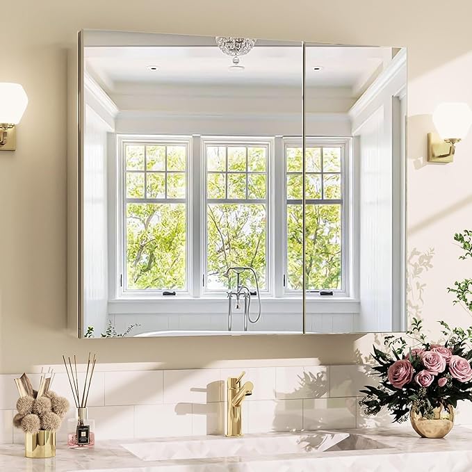 BEAUTYPEAK Bathroom Medicine Cabinet Mirror with Storage, 30 Inch x 26 Inch Silver Medicine Cabinet with Double Door & Adjustable Shelves for Vanity, Tempered, Aluminum Surface, Wall-mount or Recessed