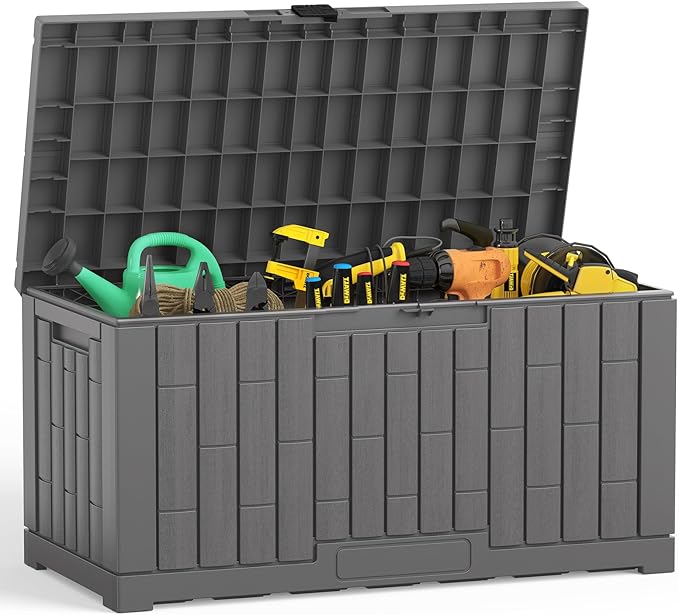 DUMOS 60 Gallon Deck Box, UV Resistant Waterproof Storage Bin for Patio Cushions Gardening Tools, Lockable Resin Outdoor Storage Box with Hundles, Grey