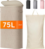 Lifewit 75L Slim Laundry Basket with Lid, Narrow Large Laundry Hamper with Plastic Handles and Removable Bag, Tall Foldable Dirty Clothes Hampers for Laundry Room, Bedroom, Bathroom, Dorm, Beige