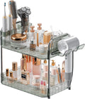 Bathroom Counter Organizer, 2 Tier Makeup Skincare Storage Tray with Hair Dryer Holder and Toothbrush Rack, Perfume Organizer Vanity Shelf for Countertop, Dresser (Transparency Green)