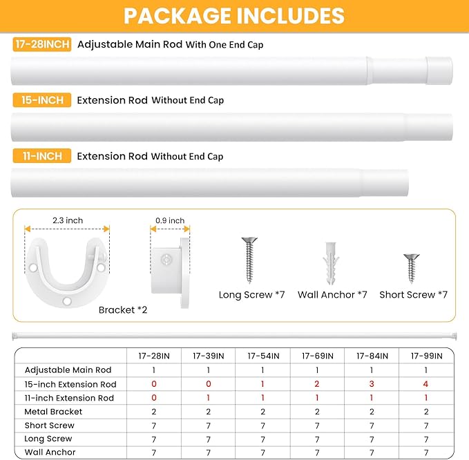 2 Pack Closet Rods for Hanging Clothes, 17-99 Inch No-Cut Stepless Adjustable Closet Rod, 1.3 Inch Heavy Duty Metal Closet Hanging Rod with Brackets, White Closet Bar for Closet, Laundry Room, RV