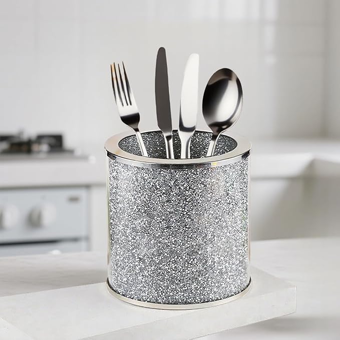Glass Utensil Holder, Crystal Silver Utensil Makeup Brush Organizer Bling Flatware Storage Crocks for Countertop Crushed Diamond Home Decor Spoon Knife Fork Holder for Kitchen Counter