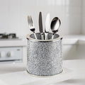 Glass Utensil Holder, Crystal Silver Utensil Makeup Brush Organizer Bling Flatware Storage Crocks for Countertop Crushed Diamond Home Decor Spoon Knife Fork Holder for Kitchen Counter