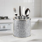 Glass Utensil Holder, Crystal Silver Utensil Makeup Brush Organizer Bling Flatware Storage Crocks for Countertop Crushed Diamond Home Decor Spoon Knife Fork Holder for Kitchen Counter