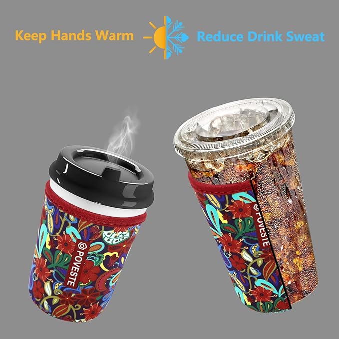 Reusable Neoprene Insulator Sleeve for Iced Coffee & Cold Soda, Coffee Sleeves for Iced & Hot Drinks, Cold Beverage Cooler Compatible with Starbucks, Dunkin (Tropical Flower, Small: 16-18oz)