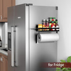 ZUNTO 2pcs Magnetic Paper Towel Holder for Fridge, Black Kitchen Organizer with Towel Roll Holder, Spice Shelf and 2 Hanging Racks(No Drilling)