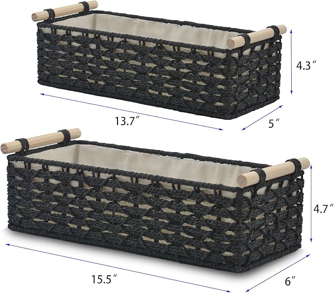 Toilet Paper Baskets for Organizing[2 pack],Paper Rope Wicker Storage Basket with Handle, Bathroom Basket for Bedroom,Living Room.Nursery, (black)