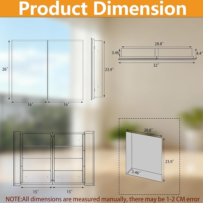 26 x 32 inch, Bathroom Medicine Cabinet, Double Mirror Doors, Bathroom Recessed Cabinet, Platstic Framed with Double Doors Wall Cabinet, Removable Glass Shelves, Recessed or Surface Mount