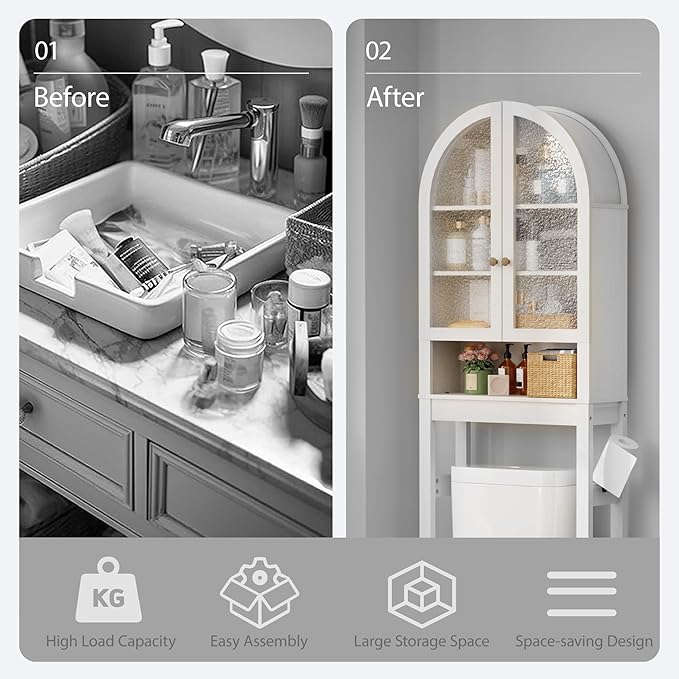Over The Toilet Storage Cabinet, 23.7”W Modern Storage Cabinet Over Toilet with Acrylic Doors, Arched Freestanding Over Toilet Rack with Adjustable Shelf for Bathroom, White
