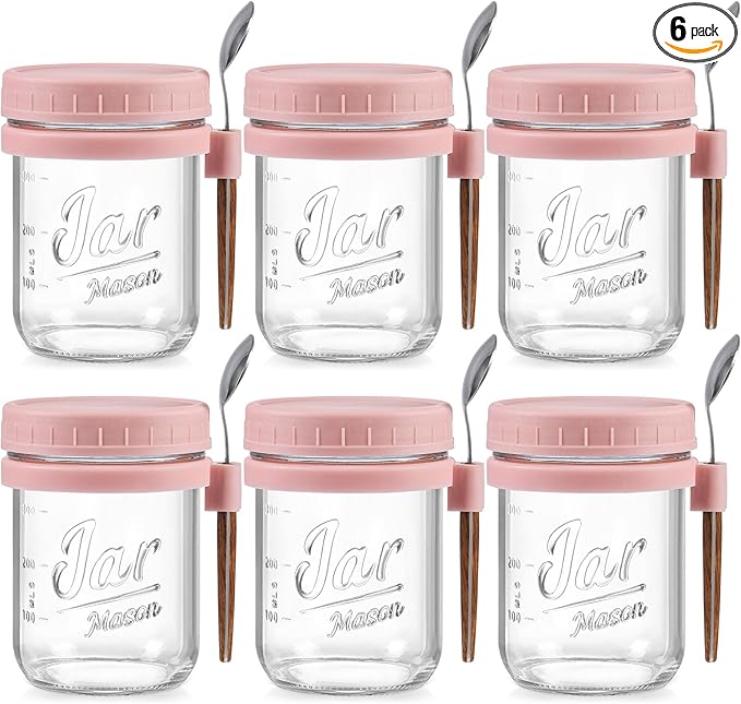 6 Pack Overnight Oats Containers with Lids and Spoons, 16 oz Glass Mason Overnight Oats Jars, Large Capacity Airtight Jars for Milk, Cereal, Fruit(Pink)