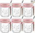 6 Pack Overnight Oats Containers with Lids and Spoons, 16 oz Glass Mason Overnight Oats Jars, Large Capacity Airtight Jars for Milk, Cereal, Fruit(Pink)