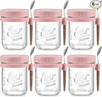 6 Pack Overnight Oats Containers with Lids and Spoons, 16 oz Glass Mason Overnight Oats Jars, Large Capacity Airtight Jars for Milk, Cereal, Fruit(Pink)