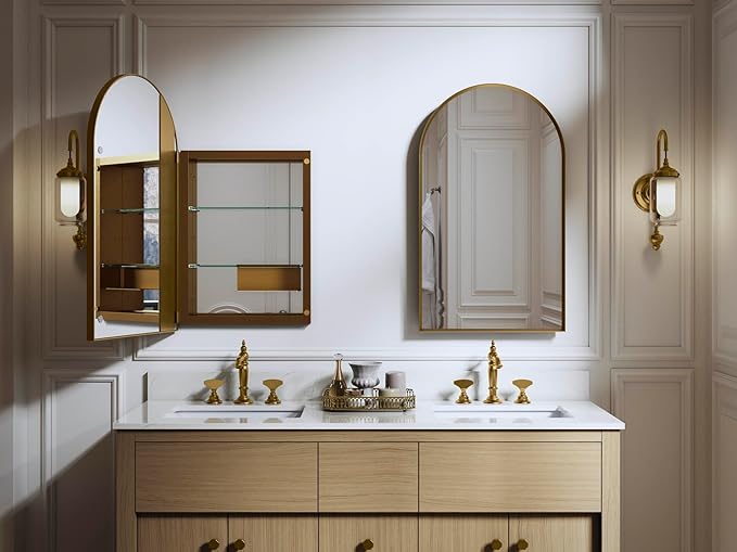 Kohler 36540-BGL Verdera® Medicine Cabinet Mirror, Arched Design, Left-Hinged, Mirrored Interior, Adjustable Shelves, Rustproof, 20 in. W x 34 in. H, Moderne Brushed Gold
