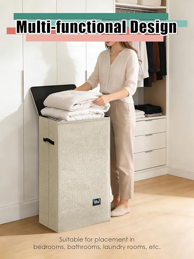 Laundry Hamper with Lid, Reinforced Sturdy Clothes Hamper with Anti-Puncture Base, Large Collapsible Laundry Basket with Removable Liner Bag, Tall Dirty Clothes Bin for Family, 100L Beige