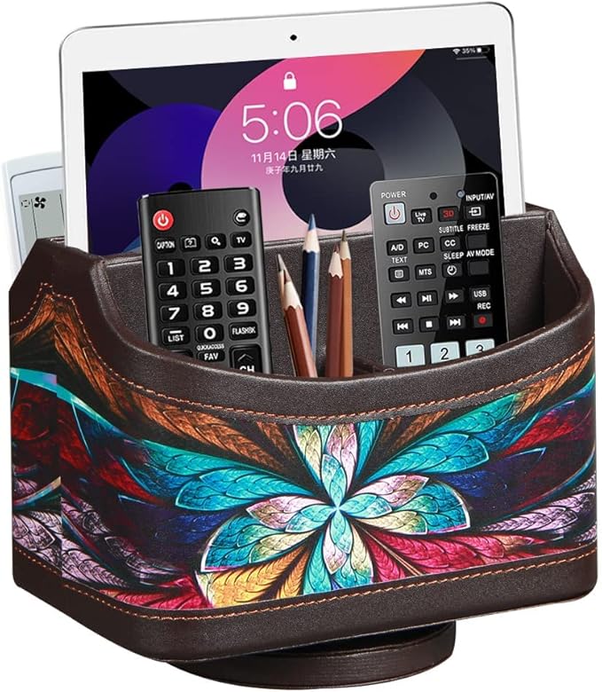 Fanousy 360° Rotating Remote Control Holder, PU Leather TV Remote Caddy Organizer Basket Storage Box with 5 Compartments for Pen, Pencil, Art Supplies, Makeup Brush, Office Desk Table Accessories