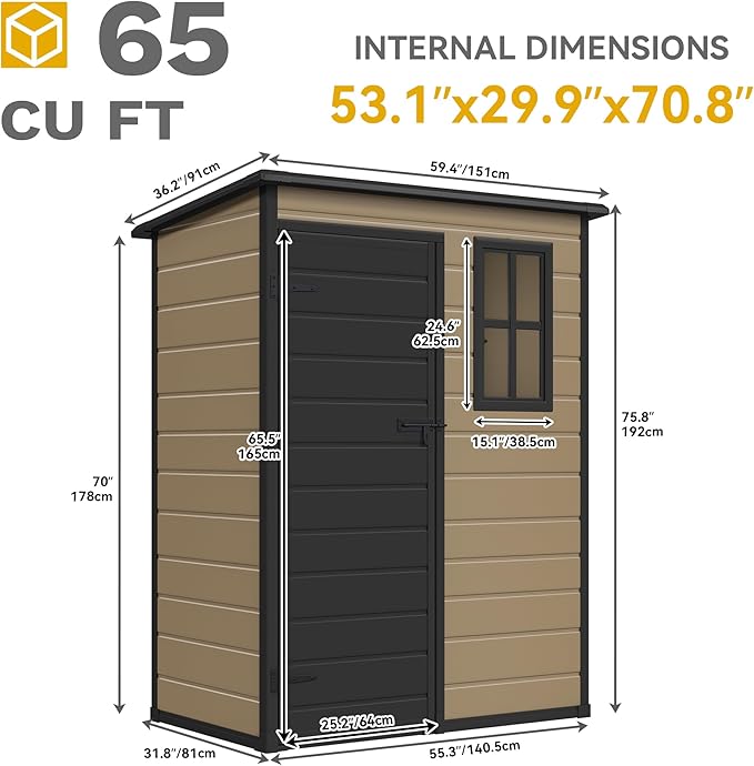 DWVO 5x3 FT Outdoor Storage Shed with Floor, All-Weather Resin Storage Shed with Lockable Door & Window, Waterproof Plastic Tool Storage for Garden, Backyard, Patio, Lawn, Brown