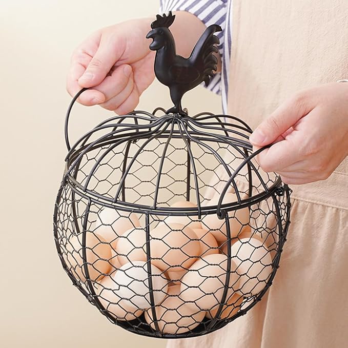 Wire Egg Basket for Gathering Fresh Eggs Collecting Basket With Handle, Decorative Egg Metal Basket for Counter, Fresh Chicken Egg Basket With Chicken Decorated Lid, Countertop Egg Fruit Storage