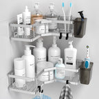 Corner Shower Caddy Shelf Rack: 2 Pack Adhesive Shower Organizer Essentials - No Drilling Stainless Steel Bathroom Storage Rack with Hooks and Toothpaste Holder
