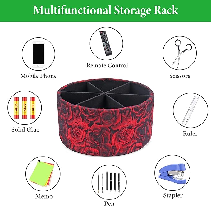 QIELIZI Remote Control Holder, 360°Spinning PU Leather Desk TV Remote Caddy,Desk Storage Box Room Accessories for Controller, Media,Mail,Calculator, Mobile Phone,Pencil(1-B3D Red)