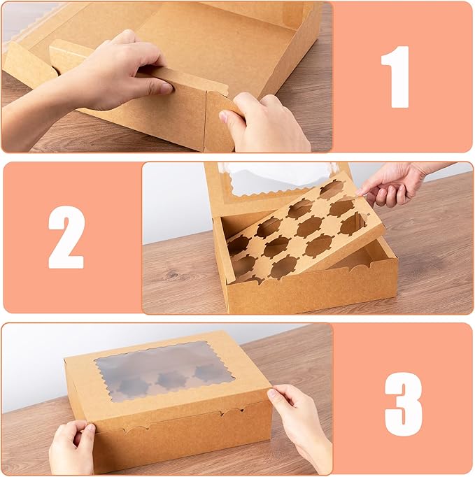 12 Count Cupcake Boxes, 4PCS Cupcake Container with Window, Food Grade Cupcake Holder for Birthday Holiday Party, Bakery Supplies for Cupcakes, Desserts, and More (Brown)