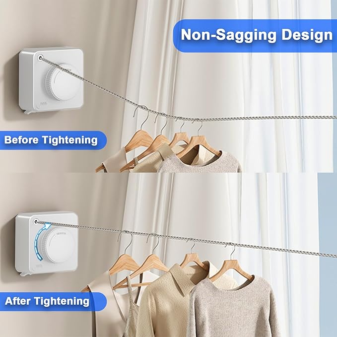 Retractable Clothesline Indoor & Outdoor, 16.2 Ft Non-Sagging Stainless Steel Laundry Washing Line with Wall Mounted Heavy Duty Design, Space-Saving Clothing Drying Rack (1, White)