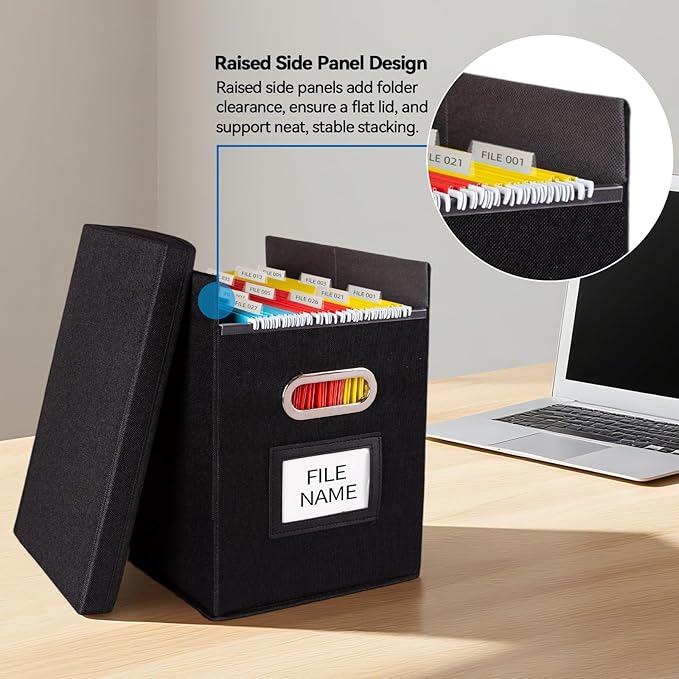 2 Pack Hanging File Folders Organizer with Lid, Letter Size Fabric File Storage Box Collapsible, Portable Office Document Holder with Metal Handle, Smooth PVC Rails, Black