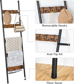 HOOBRO Blanket Ladder, 5-Tier Towel Rack with Hooks, Wall-Leaning Blanket Rack, Decorative Display Ladder Shelf, for Scarves, Industrial, Living Room, Bedroom, Rustic Brown and Black BF52CJ01