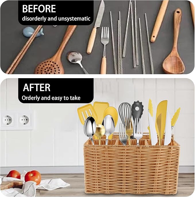 Silverware Organizer,Hand-Woven Wicker Kitchen Utensil Caddy with 4 Compartments,Cutlery Holder for Party Camping,Flatware Spoon Condiment Basket,Utensil Holder for Kitchen Counter with Handle